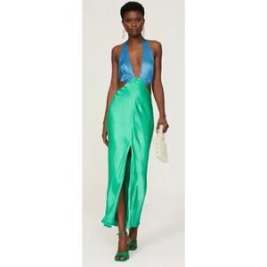 San Sloane Medium Francesca Satin Halter Neck Dress Green Blue Slit Sleeveless